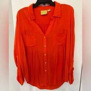 Maeve Orange Button Down Shirt/Blouse with Roll up/Button Sleeves Size Large
